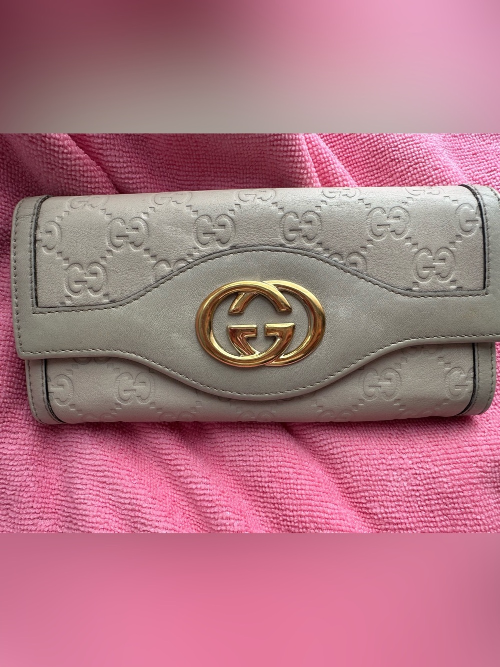 Gucci Beige GG Embossed Continental Wallet with Gold Double G